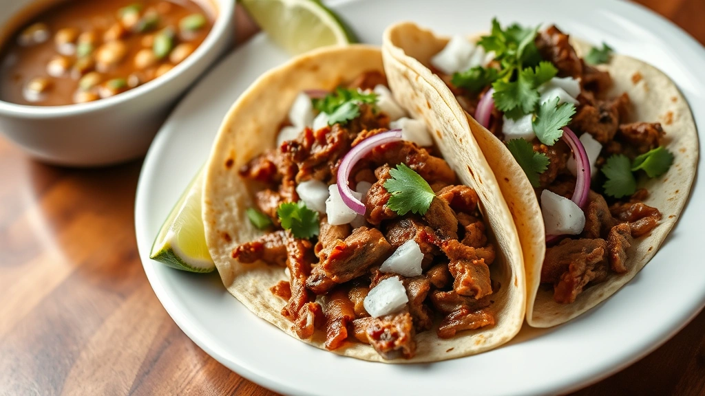 hero: authentic birria tacos on white plate with consomé bowl, garnished with fresh cilantro lime and diced onion, photorealistic, warm natural lighting, close angle showing texture, no text