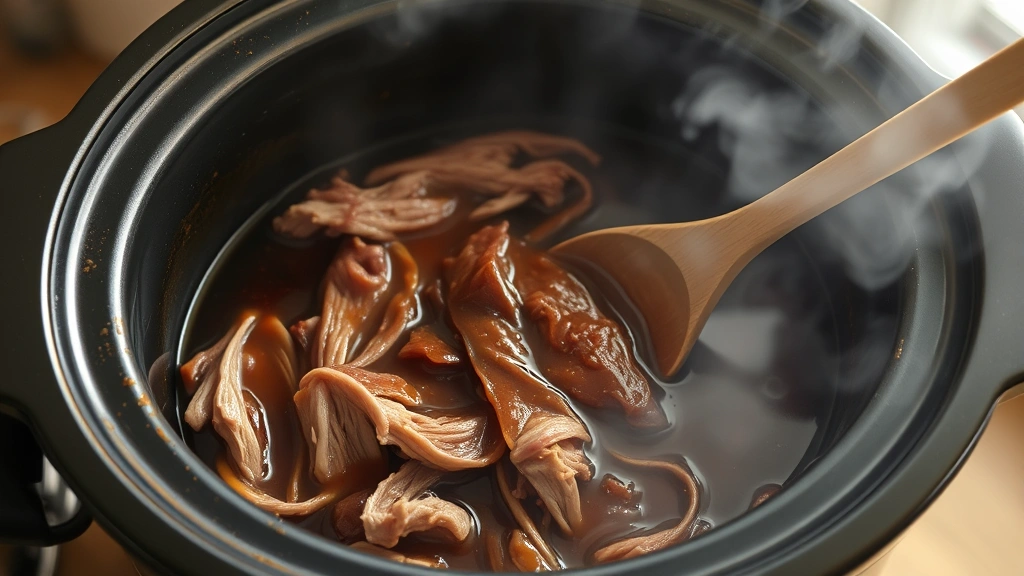 process: slow cooker with shredded birria meat and rich dark broth, steam rising, wooden spoon stirring, photorealistic, natural kitchen lighting, no text