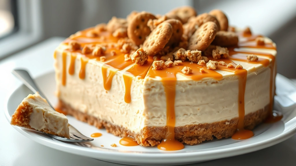 hero: beautiful Biscoff cheesecake with caramel drizzle and crushed cookies on top, slice partially removed showing creamy interior, natural window light, elegant plating on white plate, photorealistic, no text