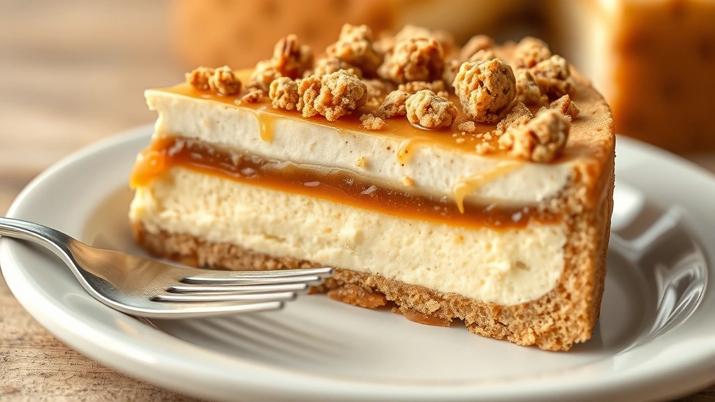 detail: close-up macro shot of cheesecake slice showing layers - golden cookie crust, creamy filling, Biscoff topping with crushed cookies and caramel, fork beside plate, photorealistic, warm natural light, no text
