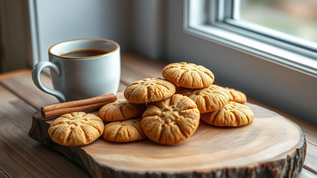 hero: golden-brown Biscoff cookies arranged on a rustic wooden board with a cup of coffee and cinnamon stick, photorealistic, natural window light, shallow depth of field, no text