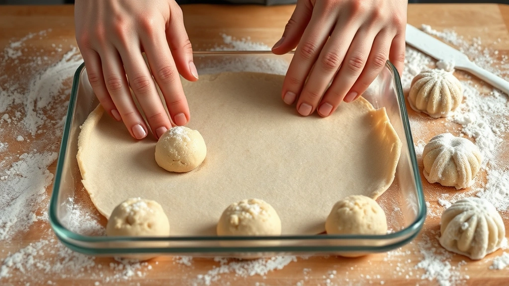 process: hands flattening cookie dough with glass bottom, sugar-coated dough balls visible, flour dusted surfaces, photorealistic, bright natural light, no text