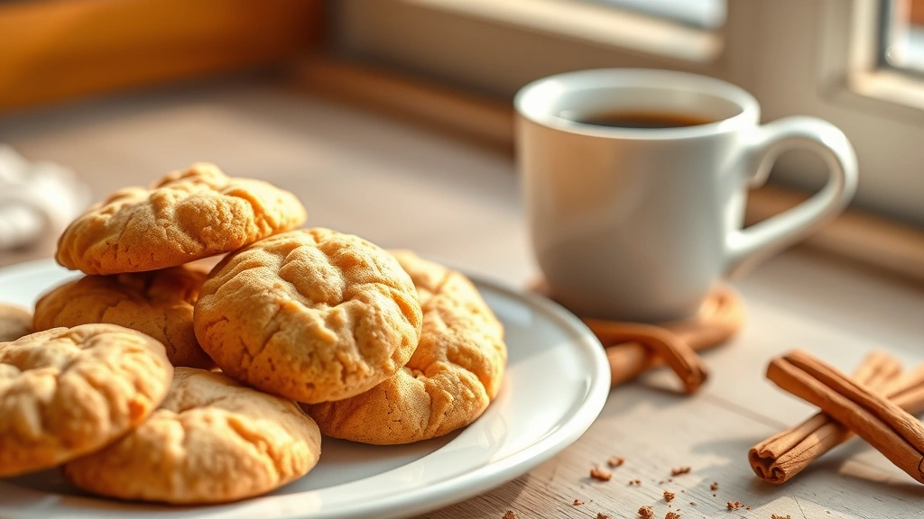 hero: Golden brown Biscoff cookies arranged on a white ceramic plate with warm afternoon lighting, a cup of coffee in soft focus in the background, fresh cinnamon sticks scattered nearby, photorealistic, natural window light, no text