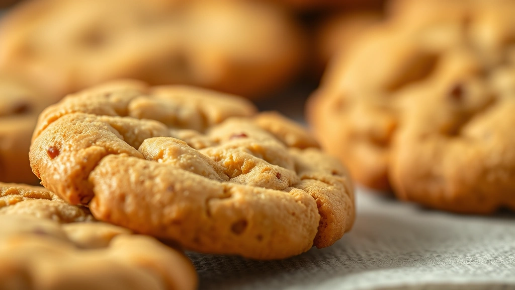 detail: Close-up of a single Biscoff cookie showing the crispy textured edges and golden brown surface with visible spice specks, shallow depth of field, photorealistic, warm natural light, no text