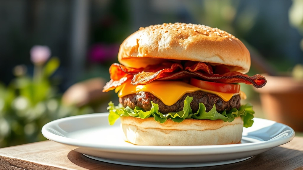 hero: perfectly cooked bison burger on a toasted bun with melted cheese, crispy bacon, fresh lettuce and tomato, sitting on white ceramic plate, natural bright daylight streaming from left, soft focus background with blurred garden setting, appetizing and inviting presentation, photorealistic, no text