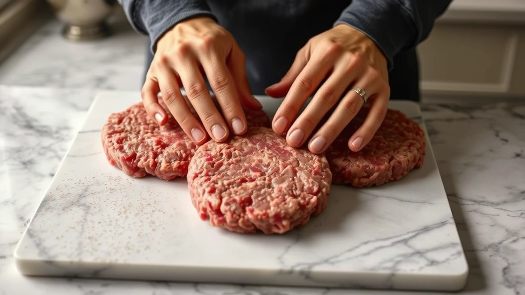 process: hands forming raw bison meat patties on marble countertop, showing proper technique and thickness, natural window light from above, close action shot, photorealistic, no text