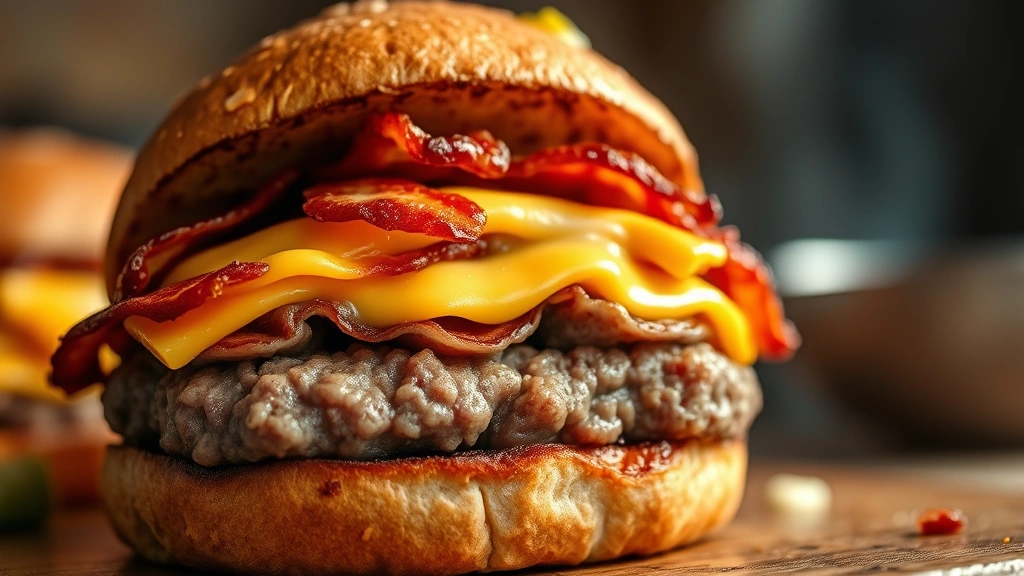 detail: close-up cross-section of cooked bison burger showing juicy pink center with perfect crust, melted cheese, bacon and fresh toppings, shallow depth of field, warm natural sunlight, photorealistic, no text