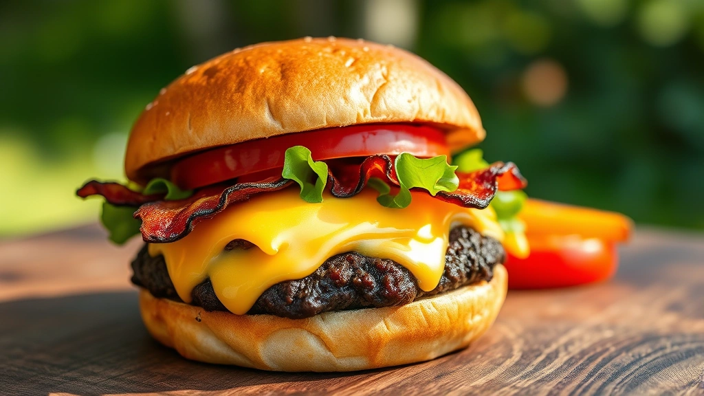 hero: perfectly cooked bison cheeseburger with melted American cheese, crispy bacon, fresh tomato and lettuce on toasted brioche bun, photorealistic, natural outdoor light, no text