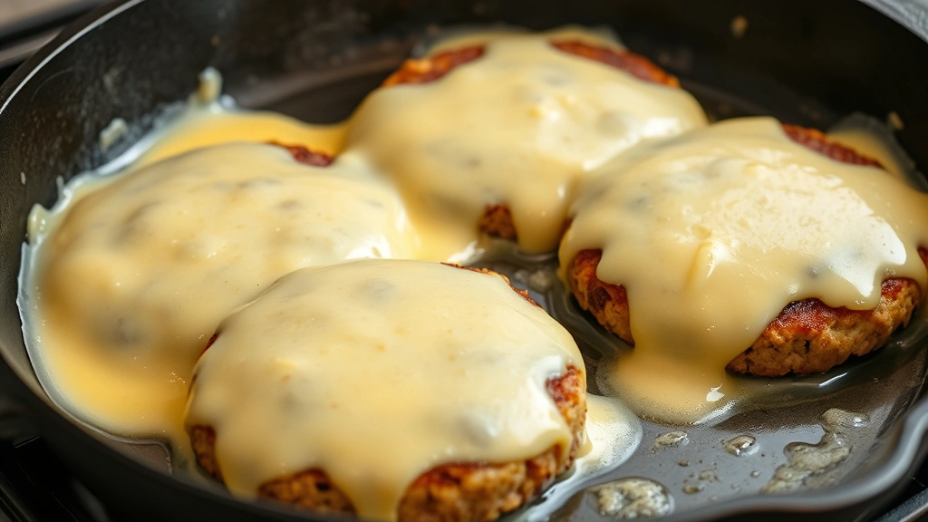process: cast iron skillet with sizzling bison patties and melting cheese, butter foaming around the edges, photorealistic, natural kitchen light, no text