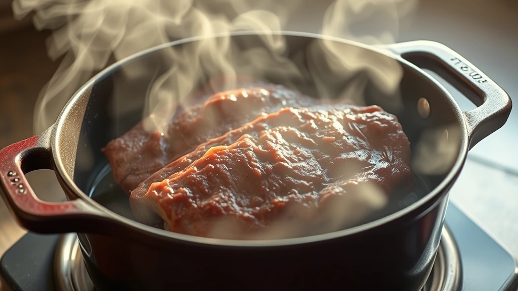 process: browning bison meat in Dutch oven, photorealistic, natural light streaming in, sizzling and steam visible, no text