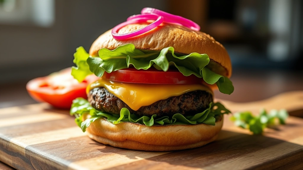 hero: perfectly cooked bison burger with melted cheese, fresh lettuce and tomato, pickled red onions on top, toasted bun, sitting on wooden cutting board, natural daylight streaming in, shallow depth of field, mouth-watering