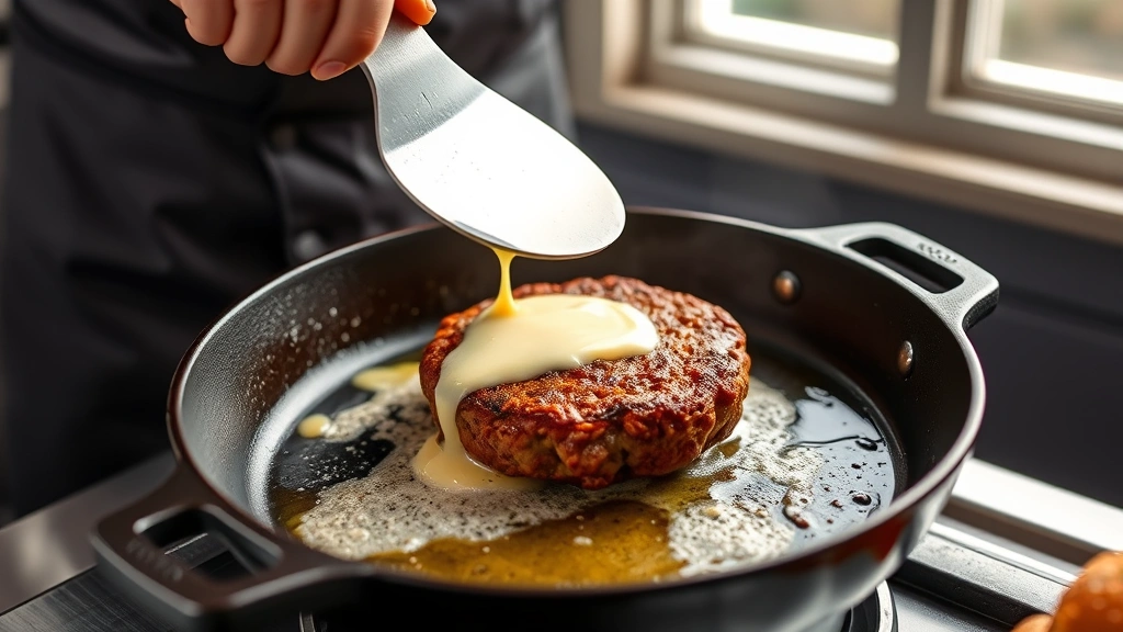 process: chef flipping bison patty in cast iron skillet, butter foaming, golden crust forming, professional kitchen setting, natural light from window, action shot