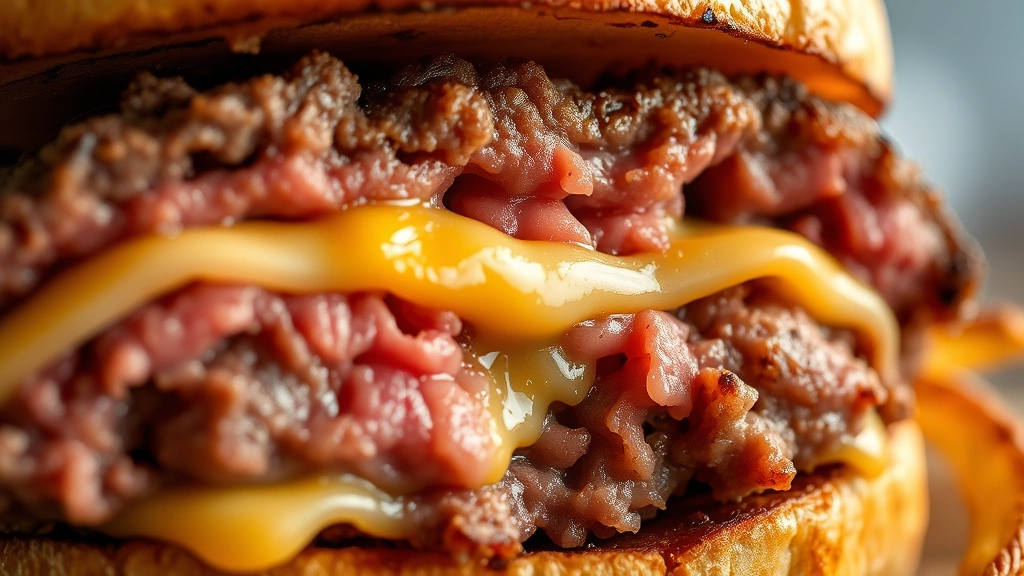 detail: close-up cross-section of bison burger showing pink juicy interior, melted cheese layer, perfectly cooked meat texture, extreme macro photography, natural lighting