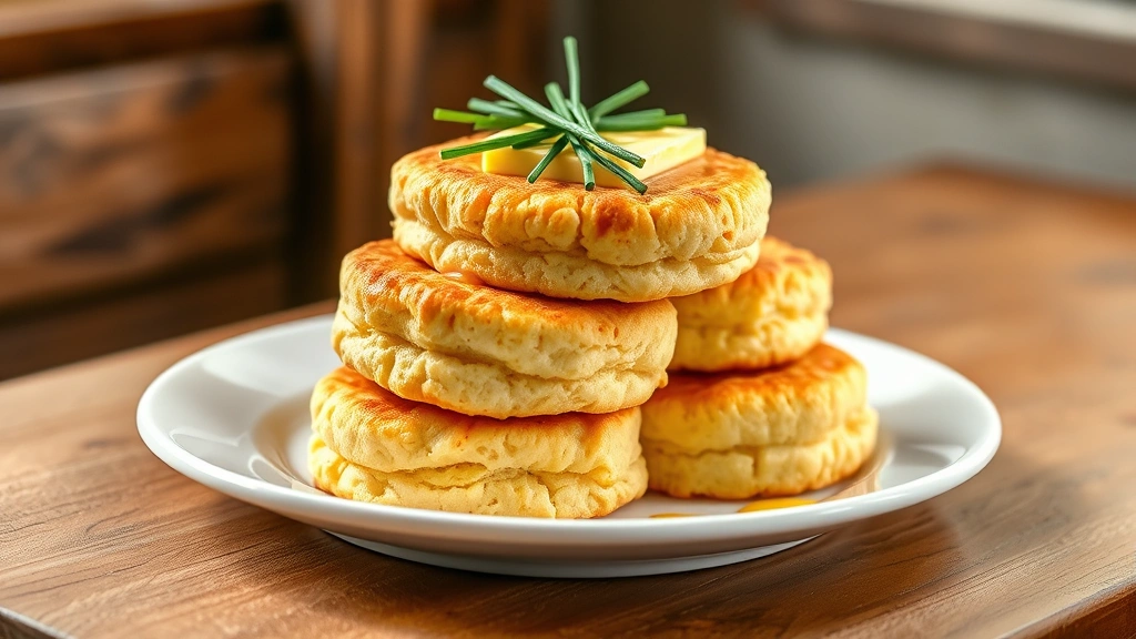 hero: golden brown Bisquick biscuits stacked on a white plate with melting butter on top, fresh chives garnish, soft natural window light, rustic wooden table background, no text