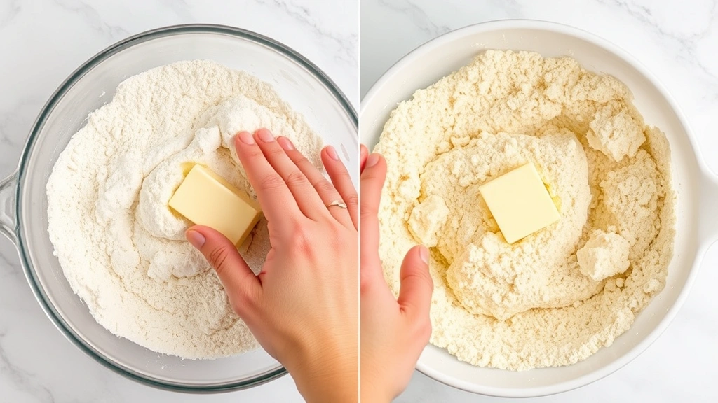 process: hands working cold butter into Bisquick flour mixture showing coarse breadcrumb texture, overhead shot, natural daylight, marble countertop, no text