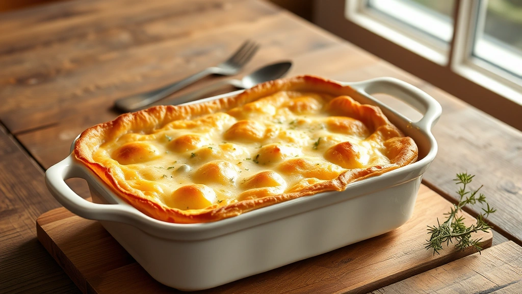 hero: completed bisquick chicken pot pie in white ceramic baking dish, golden brown crust, steam rising, rustic wooden table, warm natural window light, fresh thyme garnish on side