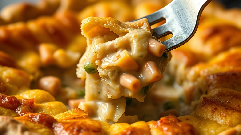 detail: close-up cross-section of pot pie showing creamy filling with chicken and vegetables, golden bisquick crust on top, fork lifting a piece, shallow depth of field, warm soft lighting