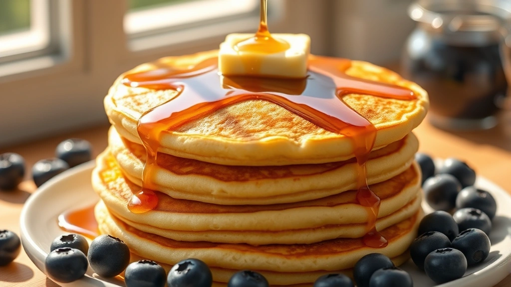hero: stack of fluffy golden Bisquick pancakes topped with melting butter and maple syrup drizzle, fresh blueberries scattered around, natural morning sunlight, photorealistic, no text