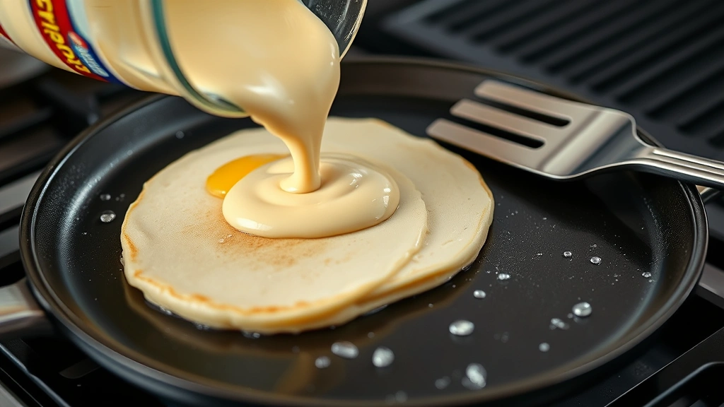 process: pouring Bisquick pancake batter onto a hot griddle, bubbles forming on surface, spatula ready to flip, photorealistic natural kitchen lighting, no text