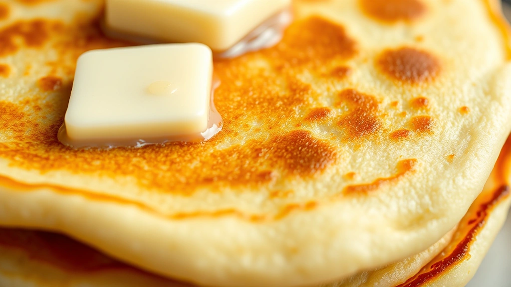 detail: close-up of perfectly flipped pancake showing golden-brown exterior and fluffy interior texture, butter melting on top, photorealistic macro detail, natural light, no text