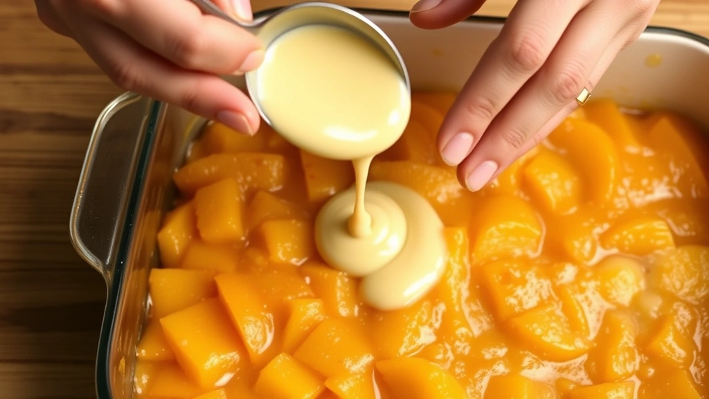 process: hands spooning Bisquick batter onto peach filling in baking dish, batter dropping from spoon, peach filling bubbling at edges, photorealistic, bright natural light from above, no text