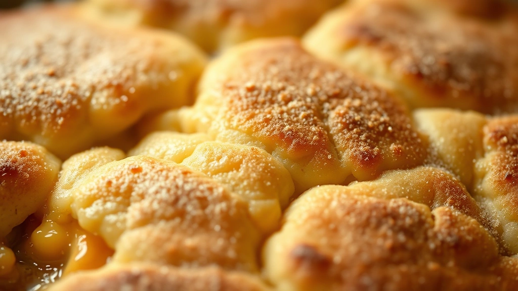 detail: close-up of baked cobbler showing crispy golden topping texture, bubbly peach filling visible at edges, light dusting of cinnamon sugar, photorealistic, warm natural light, shallow depth of field, no text