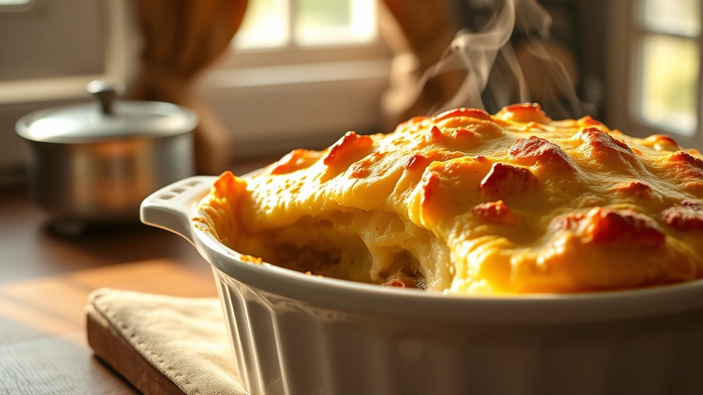 hero: golden-brown Bisquick pot pie in white ceramic baking dish with flaky crust and steam rising, photorealistic, natural window light, cozy kitchen setting, no text