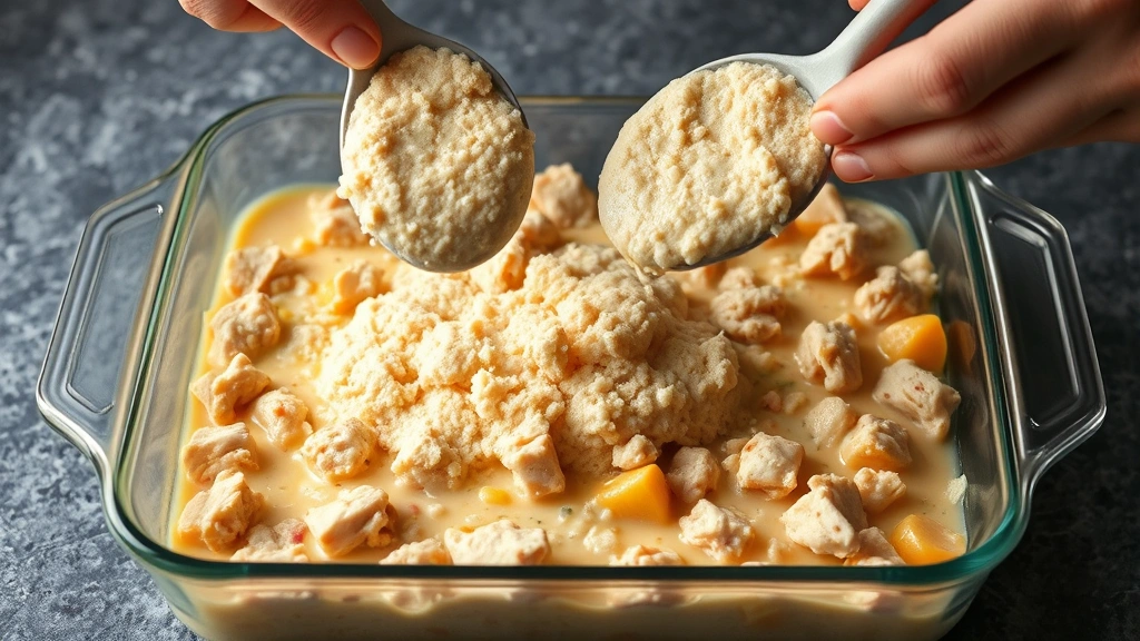 process: hands dropping spoonfuls of Bisquick topping mixture over creamy chicken filling in baking dish, photorealistic, natural light, no text