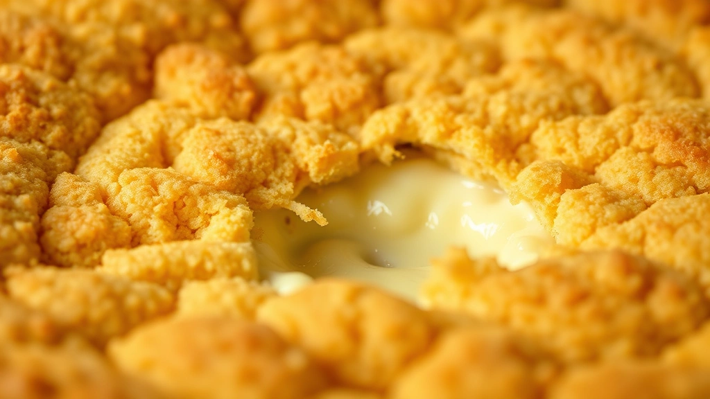 detail: close-up of baked golden Bisquick crust showing texture and layers, with creamy filling visible beneath, photorealistic, natural light, no text