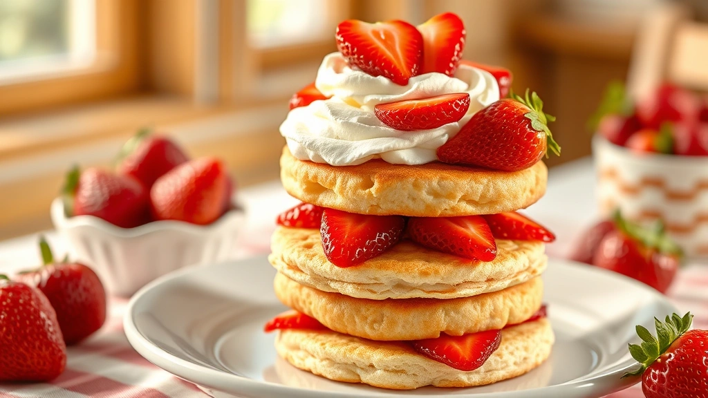 hero: Bisquick shortcake stacked high with fresh strawberries and whipped cream, golden-brown biscuits, summer setting, photorealistic, natural soft window light, no text