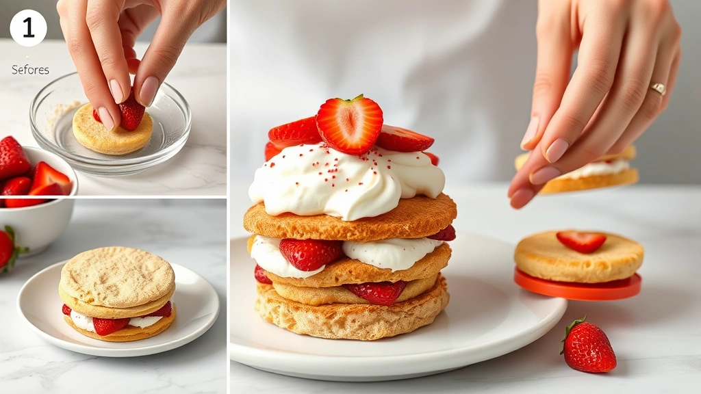process: hands assembling shortcake with strawberries and cream, layering components, photorealistic, natural light, no text