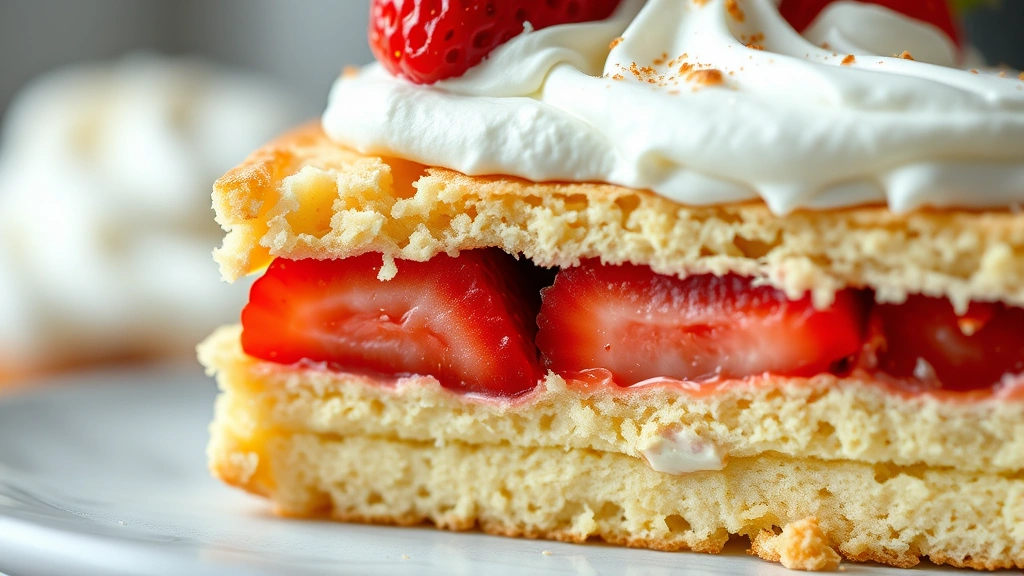 detail: close-up cross-section of shortcake showing flaky layers with strawberries and whipped cream, photorealistic, macro photography, natural light, no text