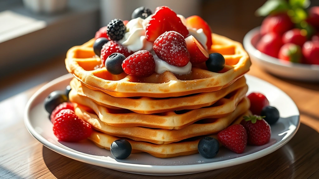 hero: stack of golden crispy waffles topped with fresh berries and whipped cream, photorealistic, natural morning light streaming across plate, no text