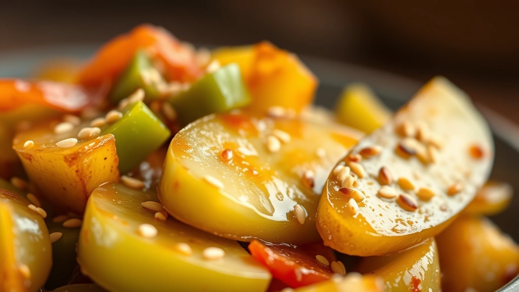 detail: extreme close-up macro shot of finished bitter melon stir-fry showing texture of melon slices, glossy sauce coating, sesame seeds detail, shallow depth of field with blurred background, warm natural light, photorealistic, appetizing presentation, no text