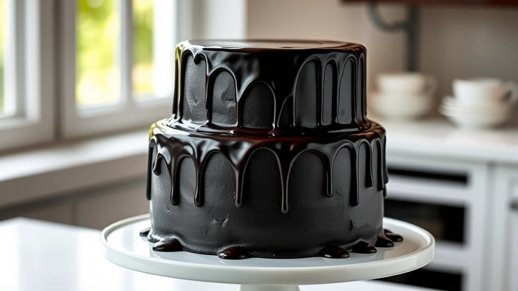 hero: elegant black cake with glossy dark chocolate ganache dripping down the sides, two-layer cake on white cake stand, natural window light, no text, professional bakery style