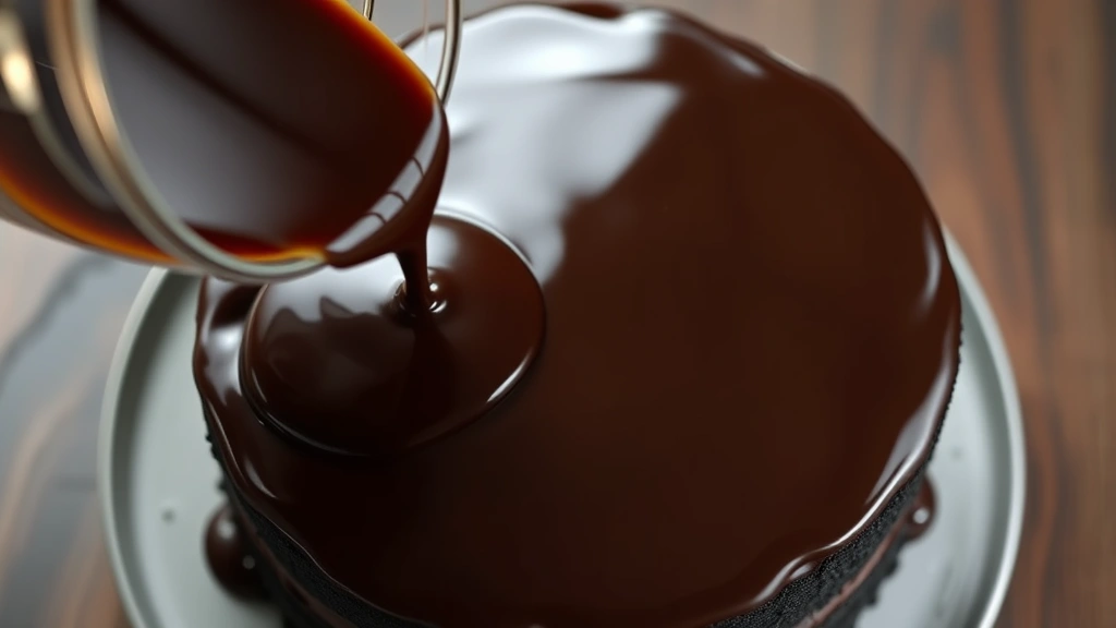 process: pouring silky dark chocolate ganache over layered black cake, smooth chocolate coating, natural diffused lighting, no text, overhead angle