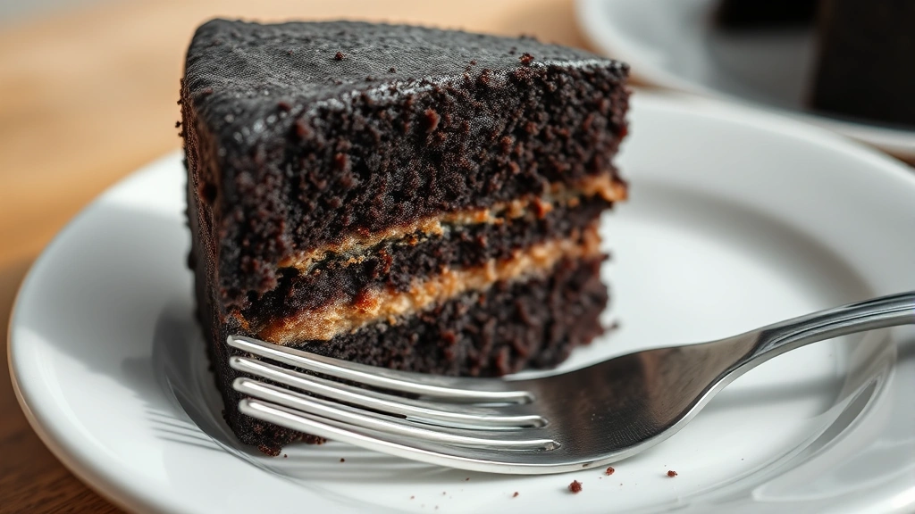 detail: close-up cross-section of black cake showing tender crumb and dark chocolate layers, fork on plate, natural lighting highlighting texture, no text