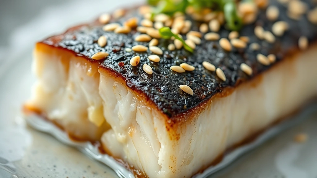 detail: close-up of flaked black cod showing buttery interior texture, crispy skin edge, sesame seeds and microgreens on top, shallow depth of field, natural lighting, photorealistic