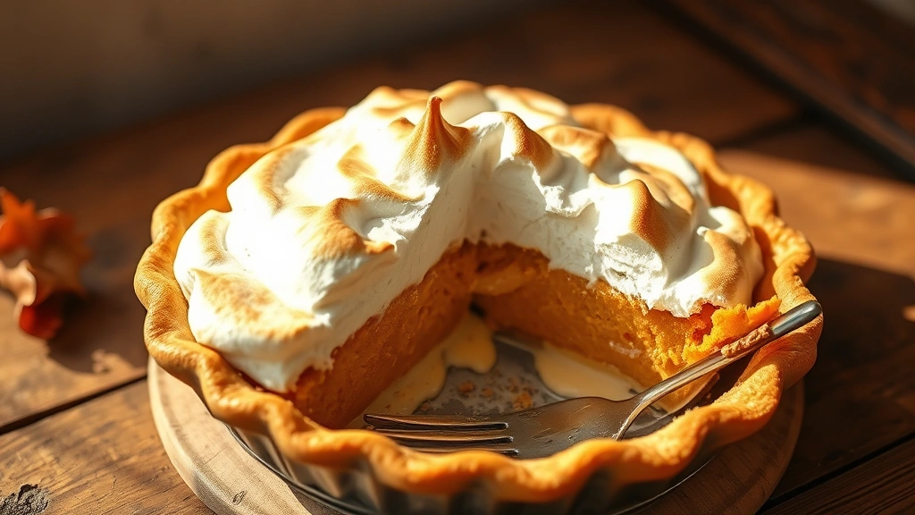 hero: golden-brown sweet potato pie with fluffy meringue topping, slice partially removed showing creamy custard filling, rustic wooden table, warm natural sunlight streaming across, cozy autumn aesthetic, no text or watermarks