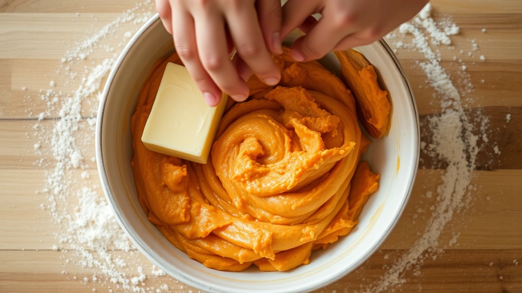 process: hands folding sweet potato mixture into butter and sugar base in ceramic bowl, wooden spoon visible, warm kitchen lighting, flour dusted surface, showing the creamy texture of filling preparation, no text