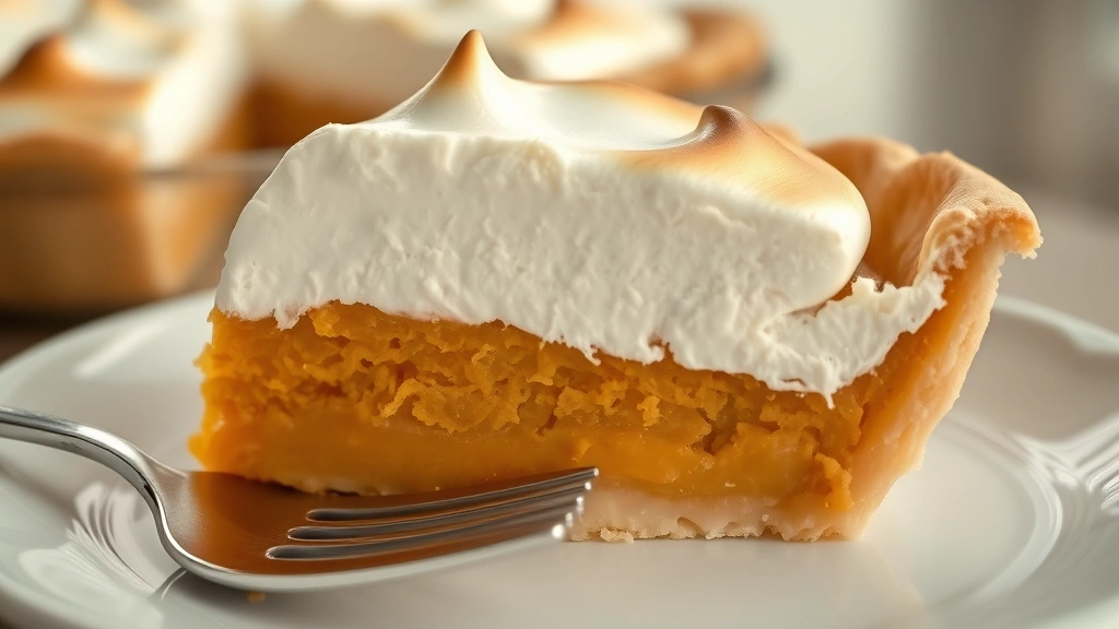 detail: close-up cross-section of pie slice showing layers of flaky crust, smooth sweet potato custard, and golden meringue, fork beside plate, soft focus background, natural afternoon light, no text