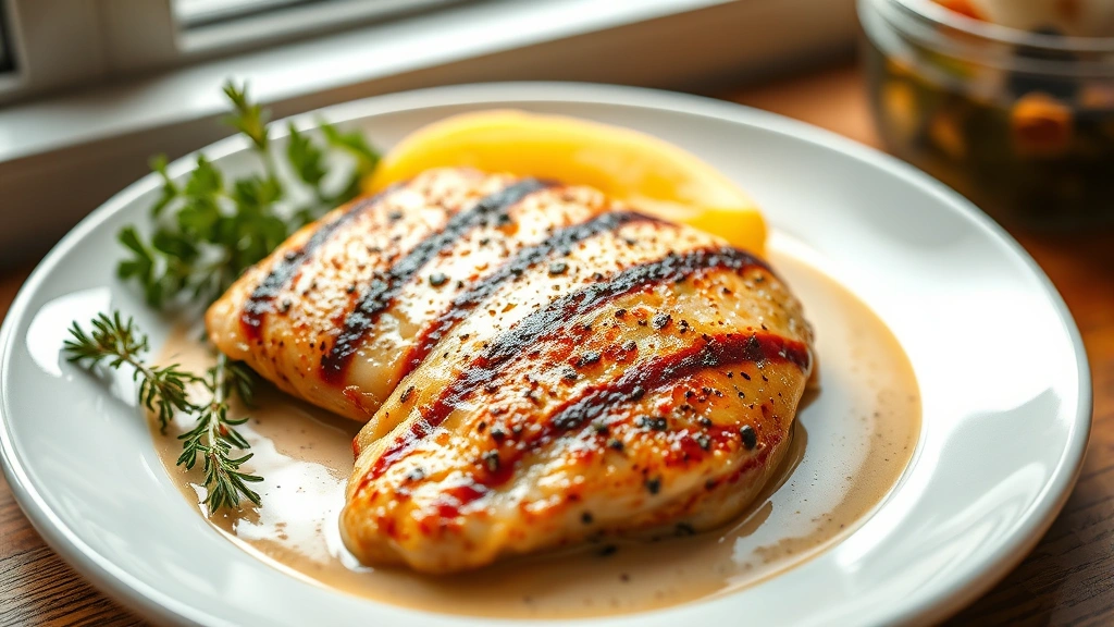 hero: perfectly seared black pepper chicken breast in creamy sauce on white plate, garnished with fresh thyme and parsley, natural window light, shallow depth of field, food photography style