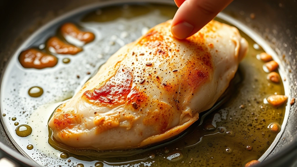 process: chicken breast being flipped in skillet with golden crust, shimmering butter and pepper visible, mid-cooking action shot, natural daylight, professional food photography