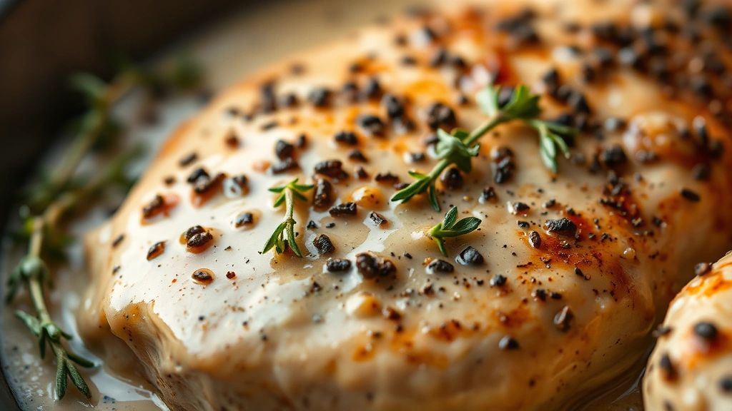 detail: close-up of creamy black pepper sauce coating chicken, fresh thyme garnish, crushed black pepper visible, macro photography, warm natural lighting, shallow focus