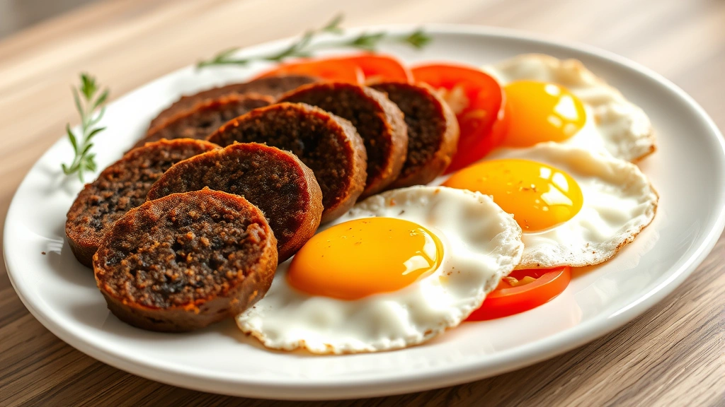 hero: sliced black pudding sausage fried until golden brown and crispy, served on a white plate with fried eggs and grilled tomatoes, photorealistic, natural morning light, no text