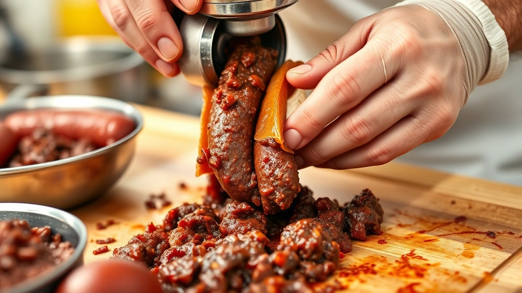 process: hands filling hog casings with dark red-brown black pudding mixture using a sausage stuffer, photorealistic, bright kitchen lighting, no text