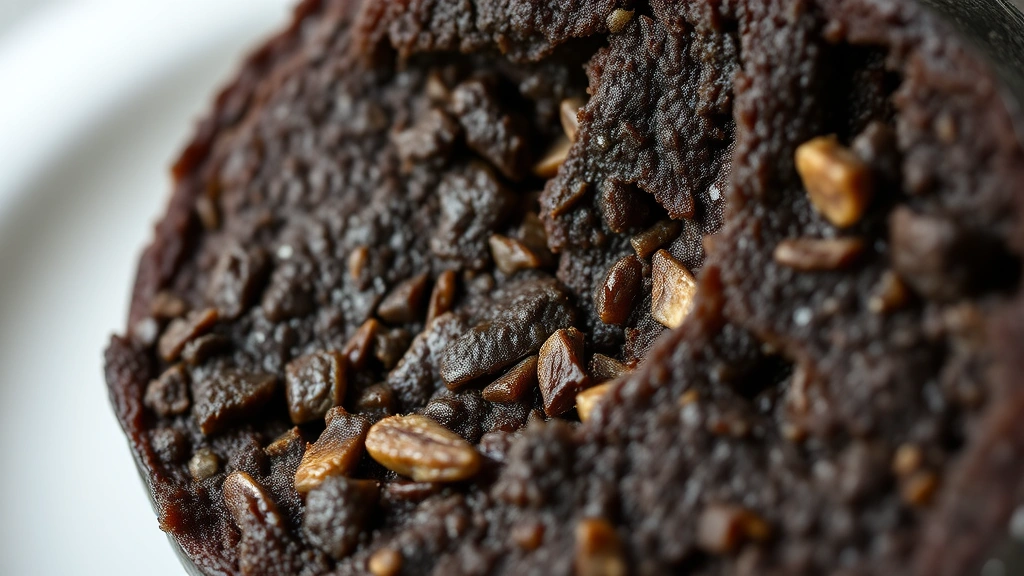 detail: close-up cross-section of cooked black pudding showing rich dark interior texture with visible spices and fat, photorealistic, natural light, no text