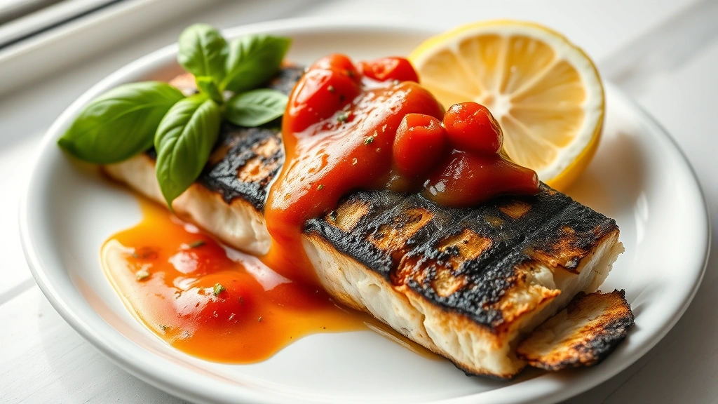 hero: perfectly seared black sea bass fillet with crispy golden skin topped with cherry tomato butter sauce, fresh basil garnish, and lemon wedge on white plate, photorealistic, natural window light, no text