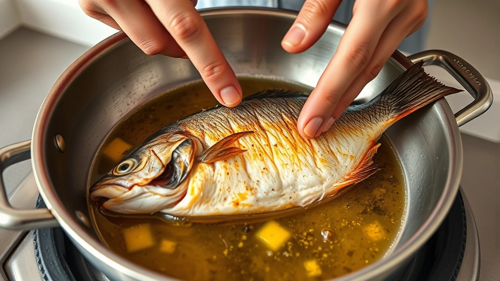 process: hands carefully placing sea bass skin-side down in sizzling hot oil in stainless steel skillet, golden butter visible, photorealistic, natural kitchen light, no text