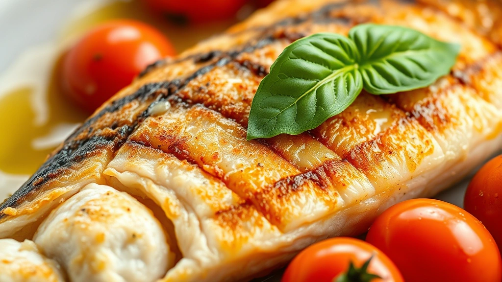 detail: close-up of crispy golden fish skin with flaky white flesh, cherry tomatoes glistening with butter sauce, fresh basil leaf on top, photorealistic, natural light, no text